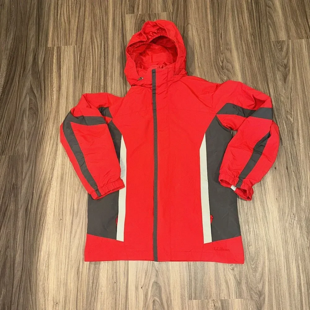 LL Bean Jacket Youth M10-12 Red‎ Gray Hooded Waterproof Shell  Item 277662